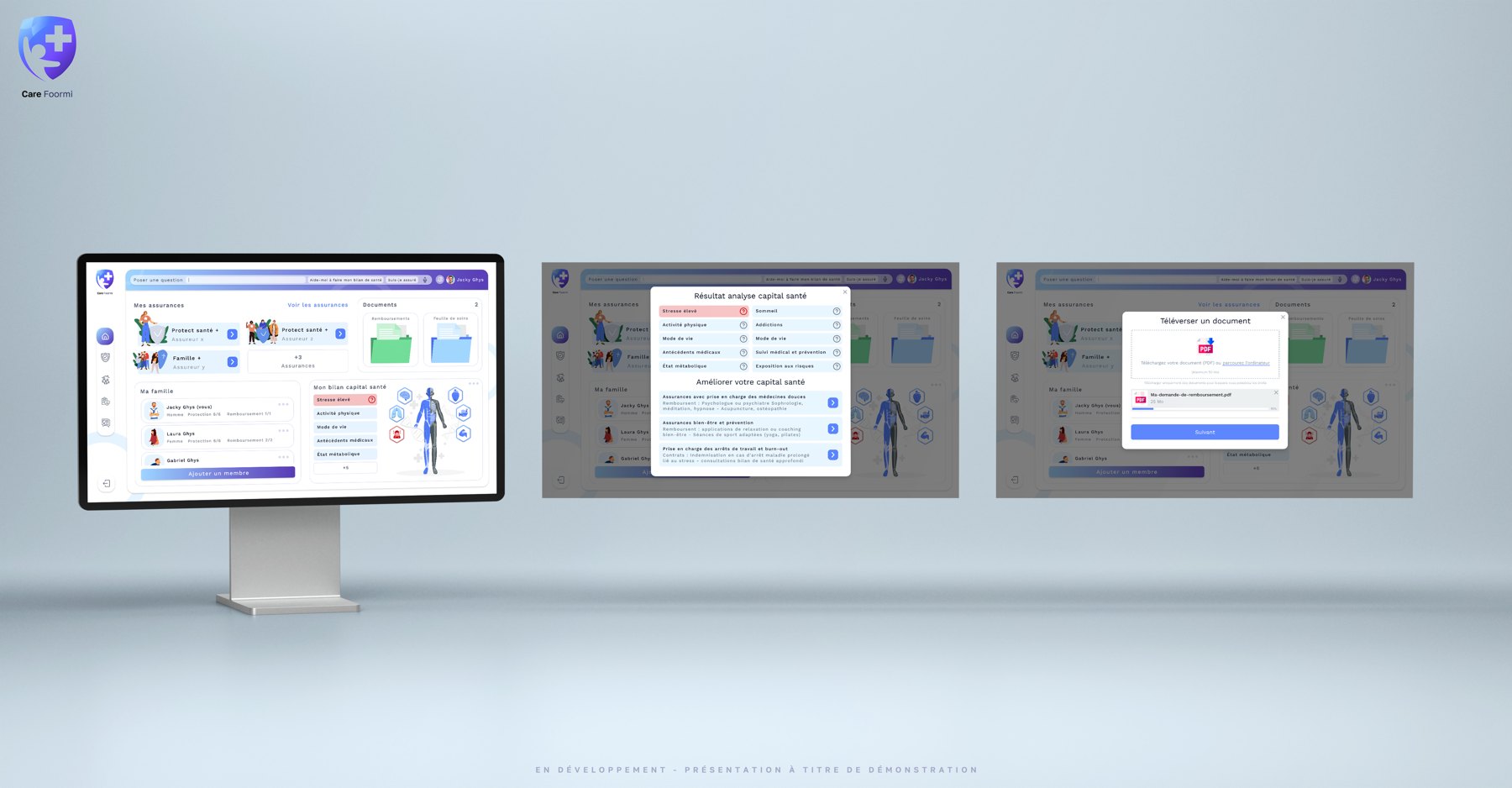 Interface Care Foormi, tableau de bord du capital santé présenté sur grand écran