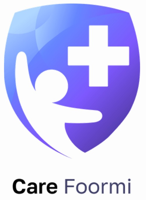 Logo Care Foormi, bouclier avec silhouette et croix santé