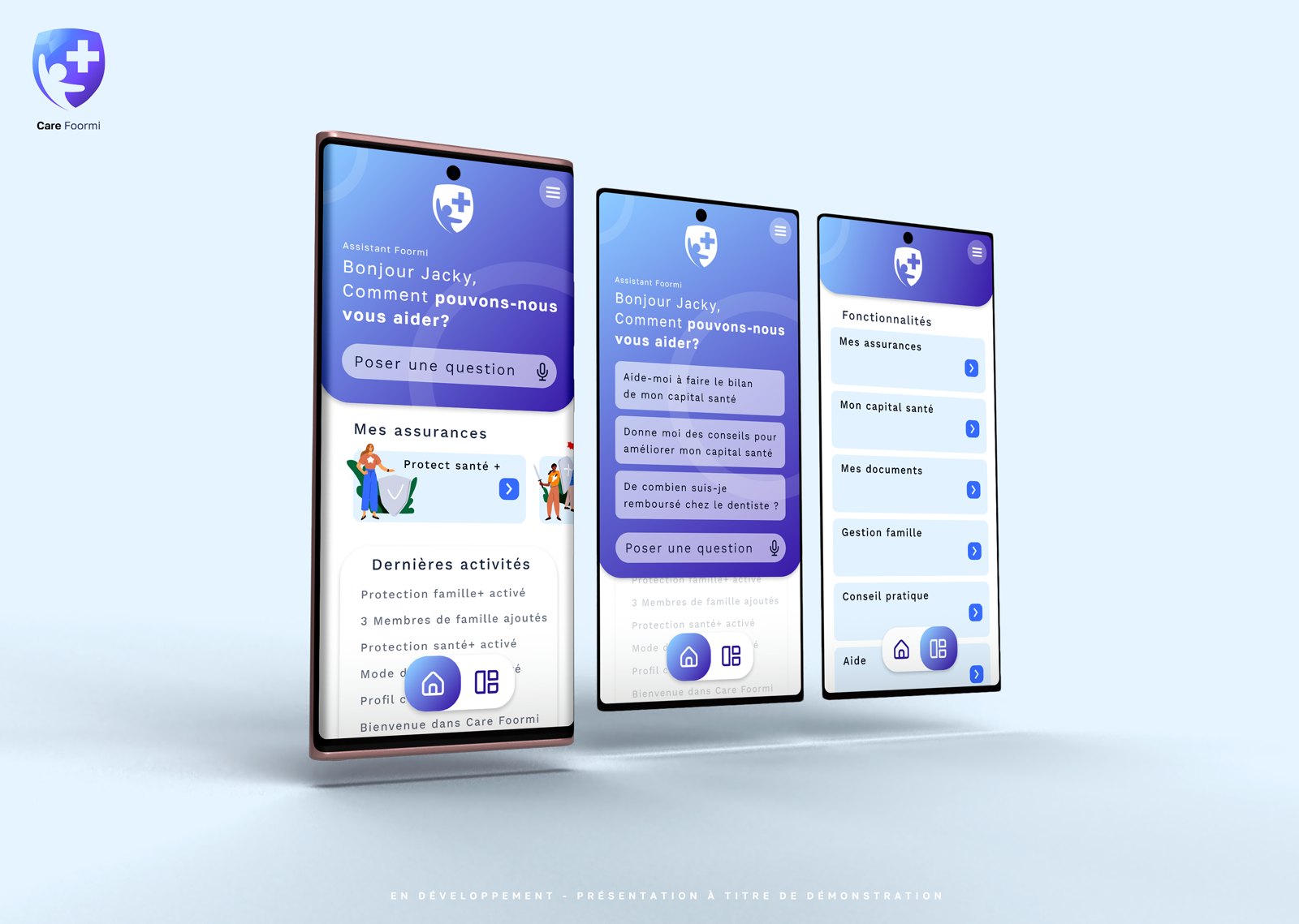 Trois écrans de l'application Care Foormi : accueil assistant, suggestions de questions, liste des fonctionnalités
