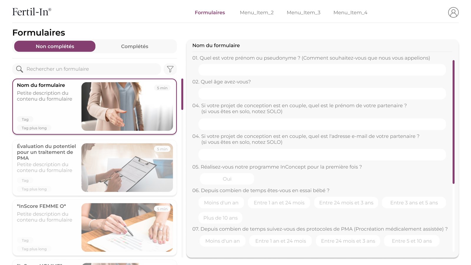 Liste des formulaires et questionnaire patient Fertil-In