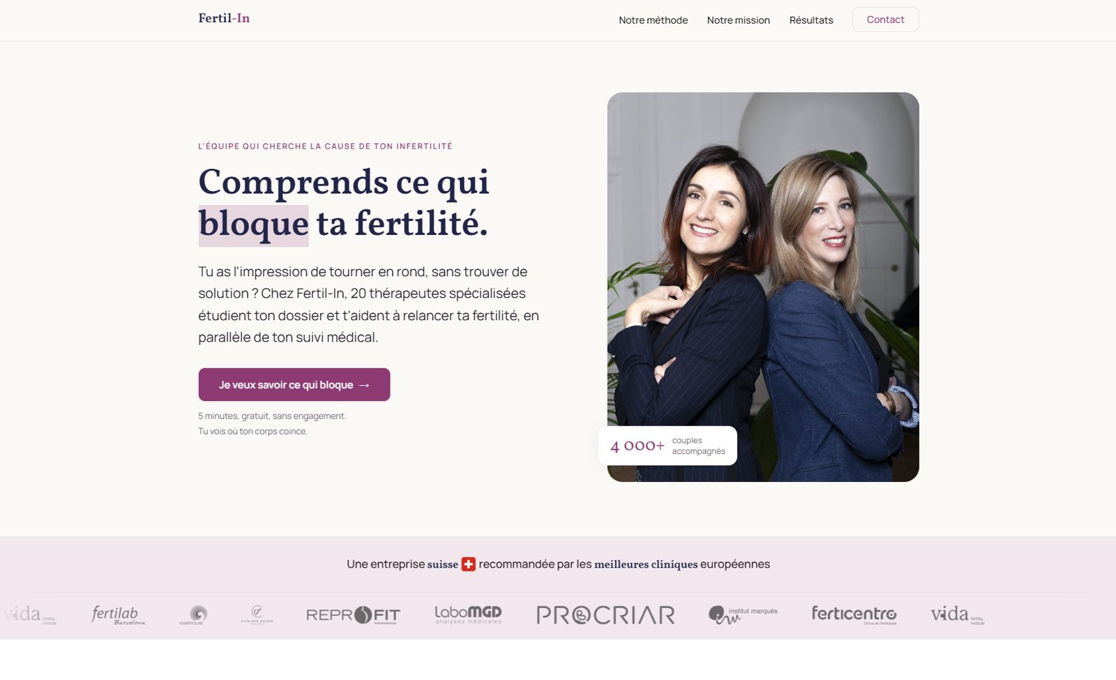 Page d'accueil du site existant fertil-in.com, base du projet
