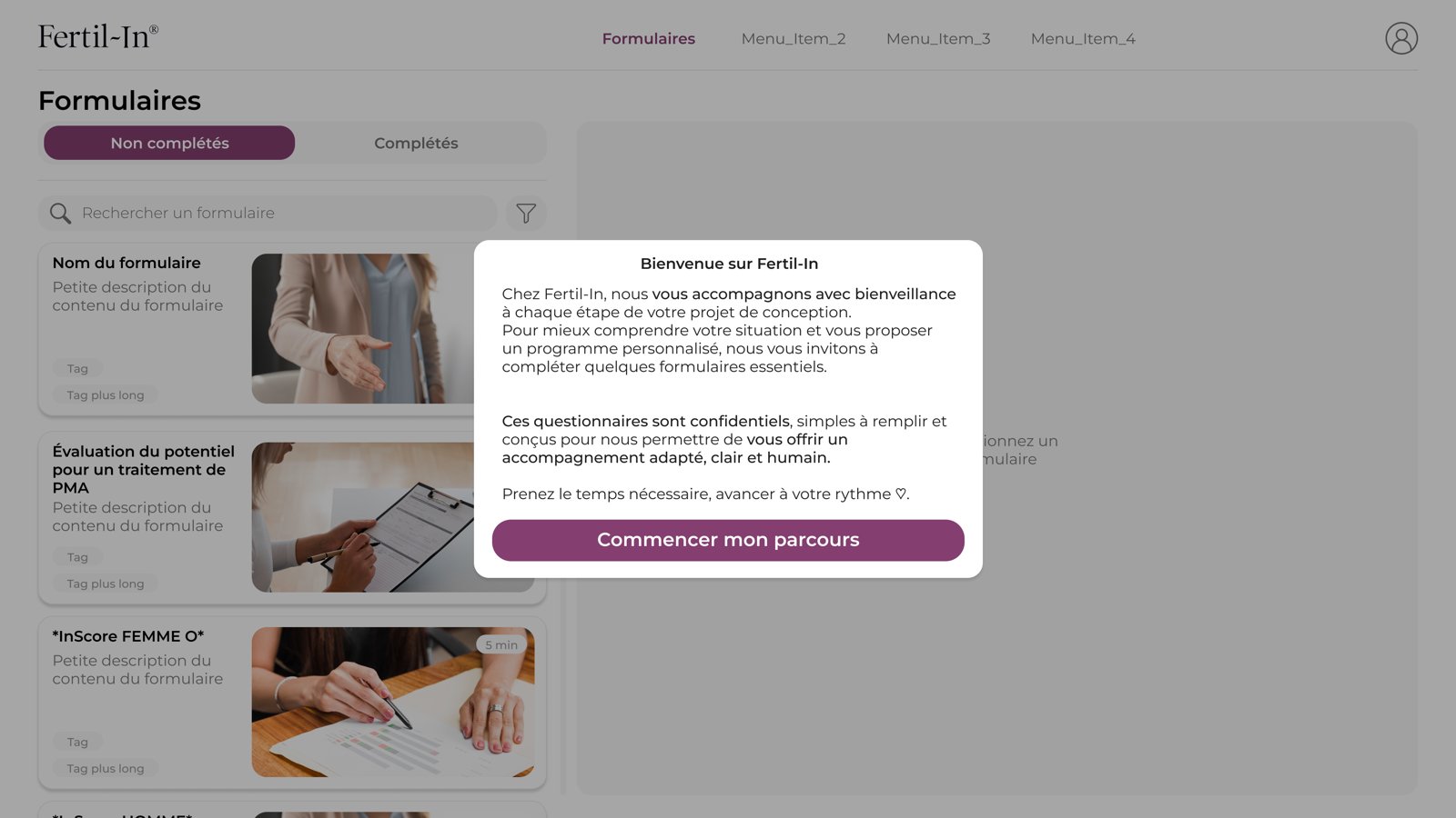 Message de bienvenue de la web app Fertil-In