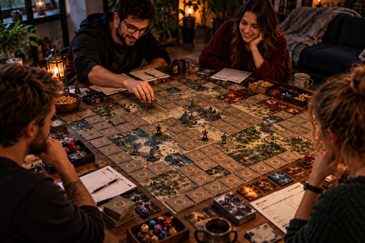 Des joueurs autour du plateau du jeu : carte quadrillée, figurines, cartes et dés