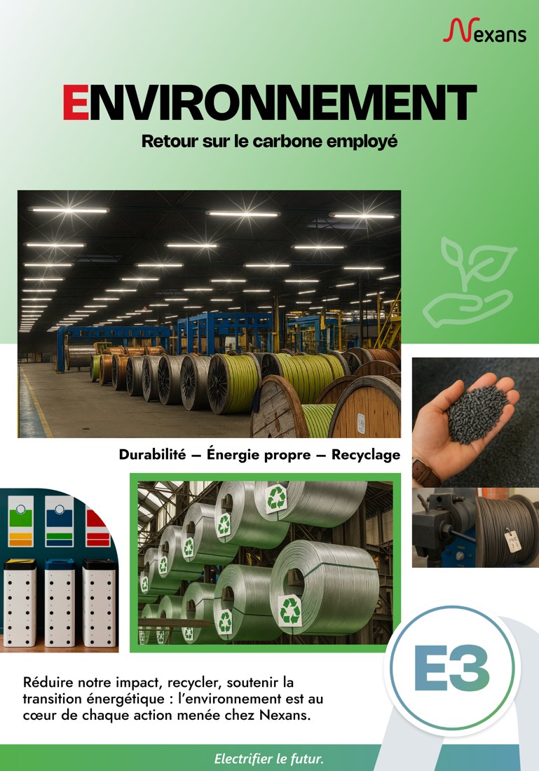 Affiche Nexans E3, Environnement : durabilité, énergie propre, recyclage