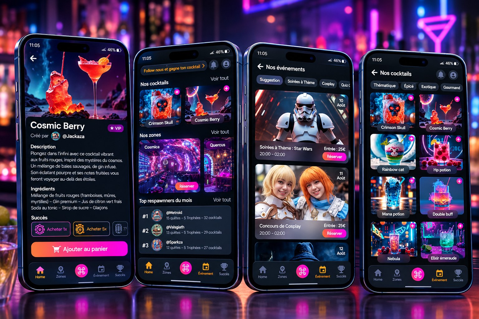 L'app Respawn sur quatre écrans : cocktail, accueil, événements et catalogue