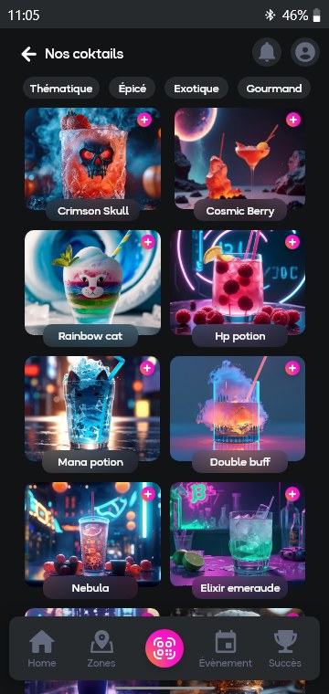 Catalogue de cocktails de l'app Respawn