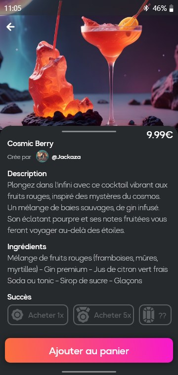 Fiche cocktail Cosmic Berry dans l'app Respawn