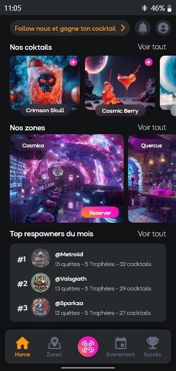 Accueil de l'app Respawn avec le classement des top respawners