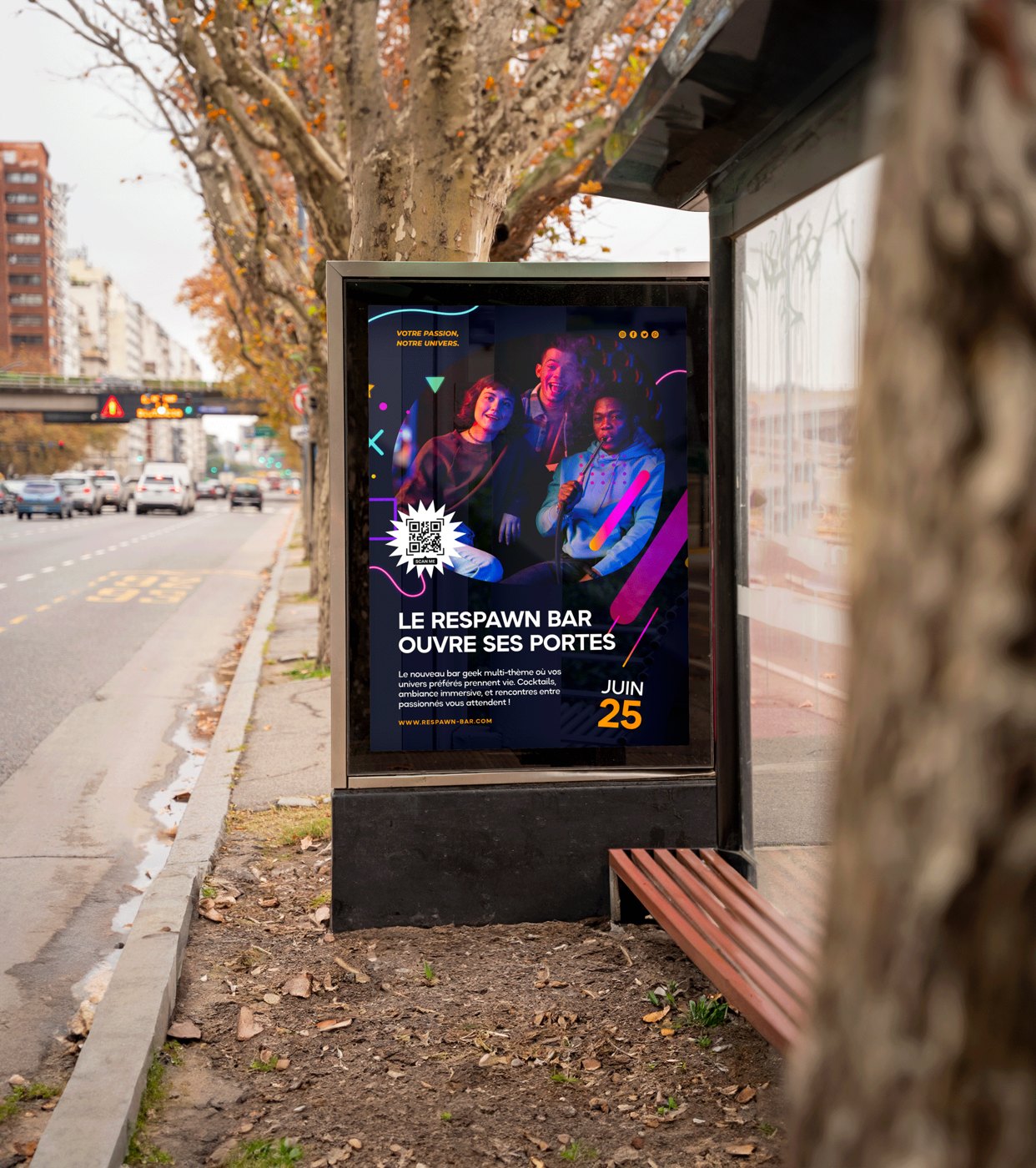 Affiche de lancement du Respawn bar en situation sur un abribus