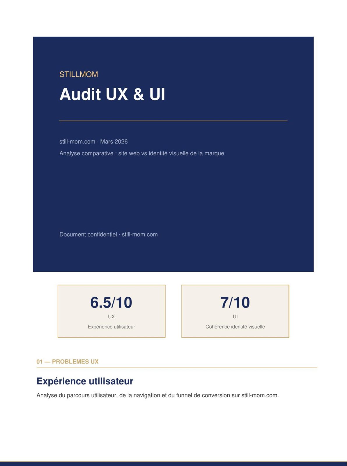 Première page de l'audit UX/UI Still Mom avec les notes UX et UI