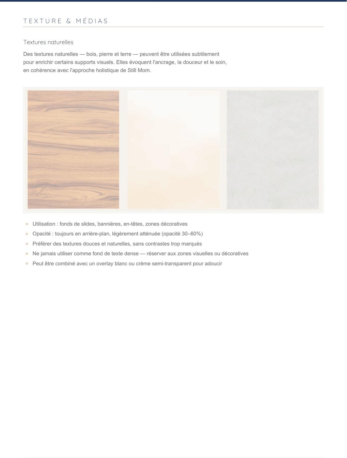 Planche textures naturelles de la charte Still Mom