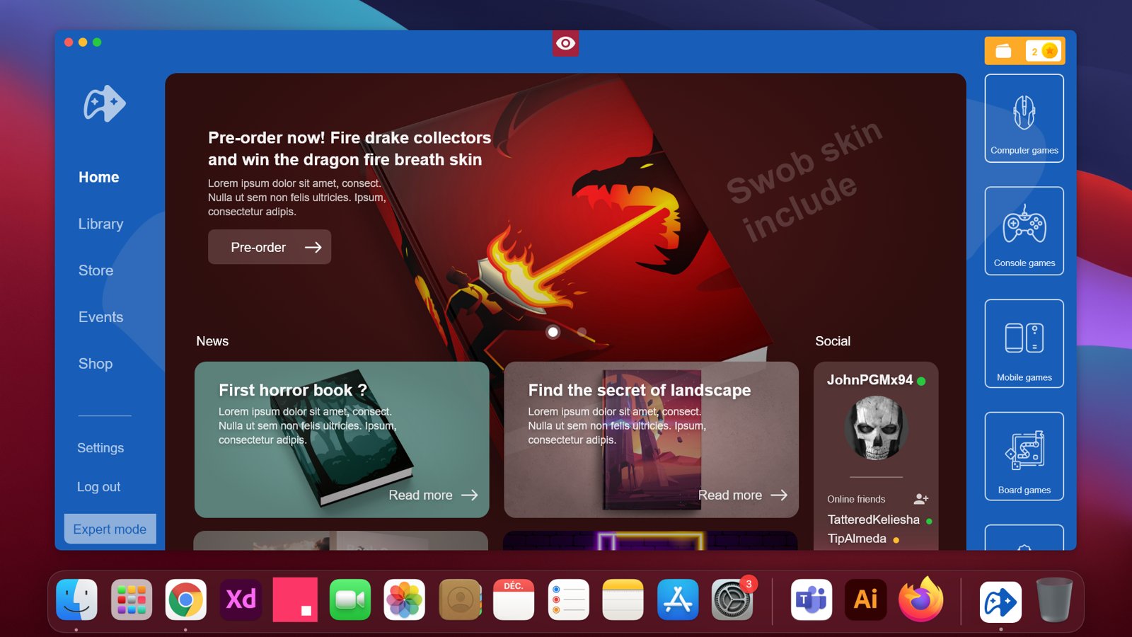 Accueil du launcher Swob, précommande d'un objet