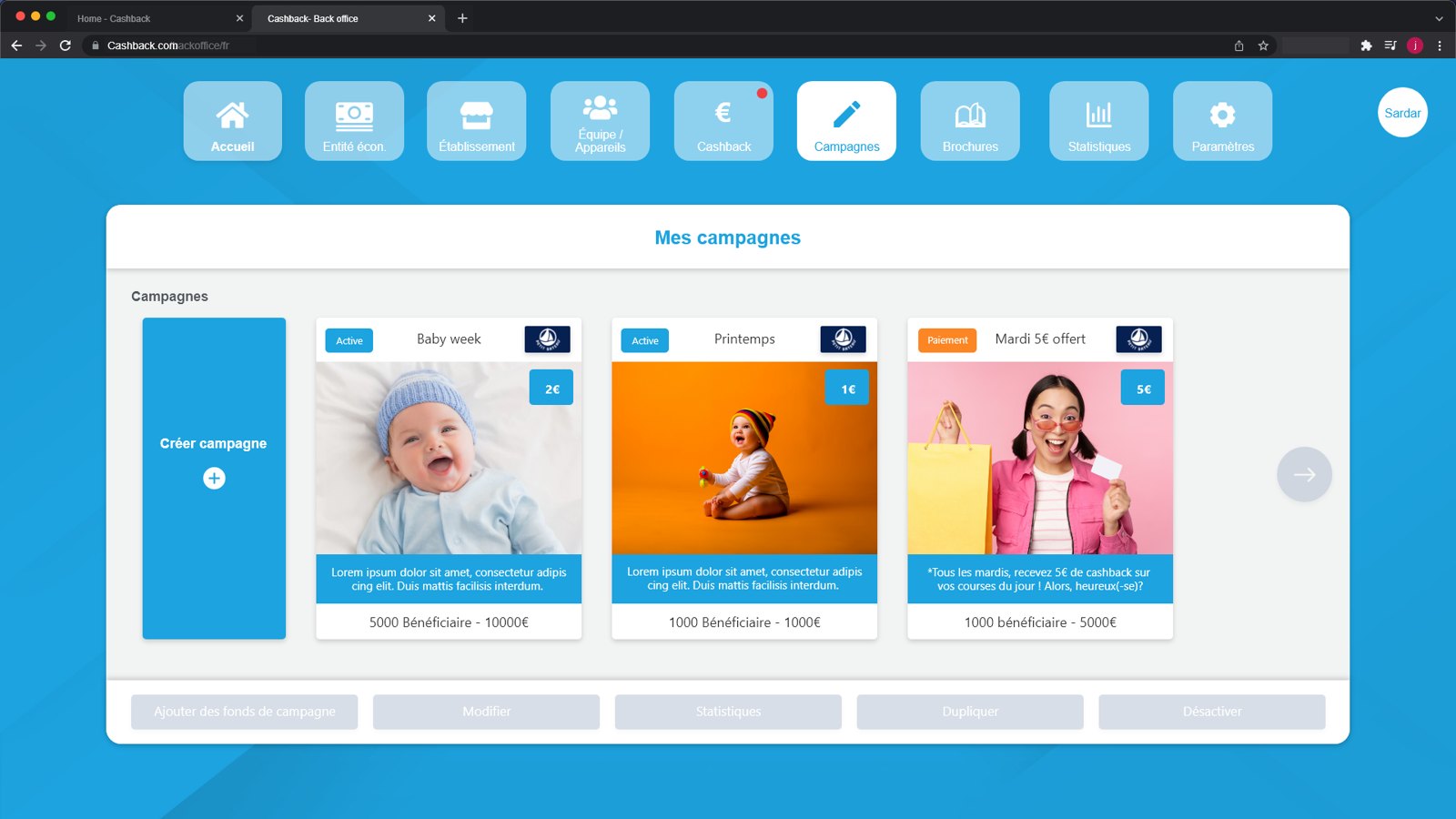 Tableau de bord du back-office commerçant Walletz