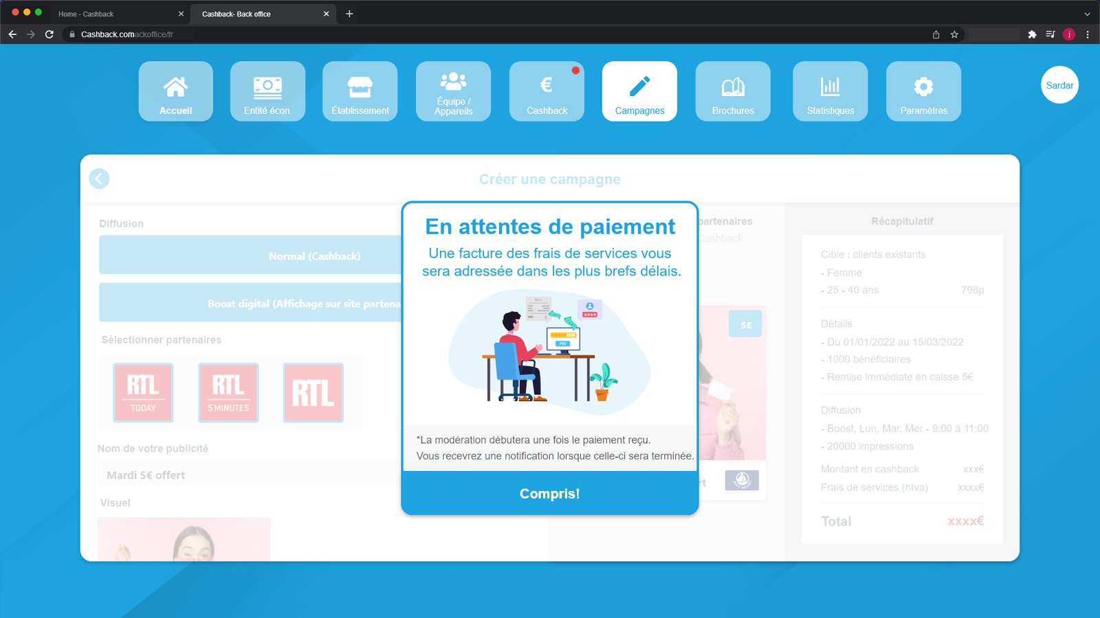Gestion d'une campagne de cashback Walletz
