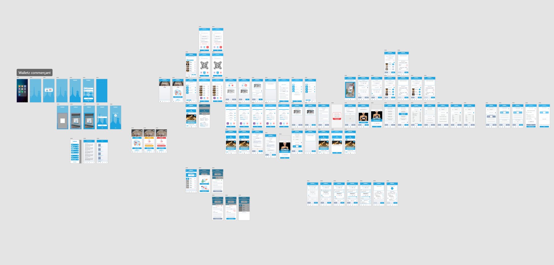 Vue d'ensemble de la maquette Walletz, app commerçant